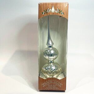Vintage Krebs Glas Lauscha Glass Tree Topper 13" tall Silver Glitter in Box
